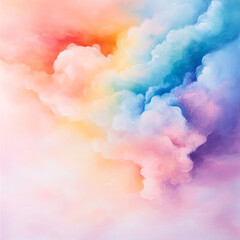 A colorful painting of a cloud with a rainbow in it. The painting is full of vibrant colors and has a dreamy, whimsical feel to it