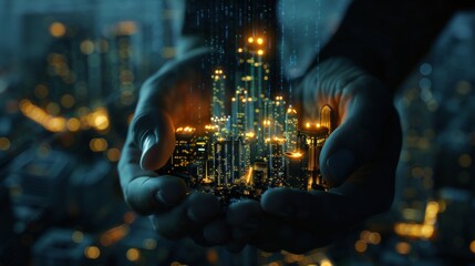 Digital Cityscape Illuminated by Fiber Optic Wires Hands Holding Future of Technology