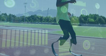 Running athlete with prosthetic legs, data analysis animation over sports track - Powered by Adobe