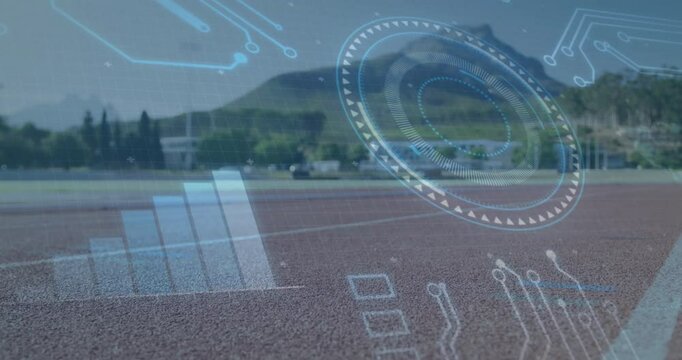 Digital interface elements and data processing animation over outdoor running track