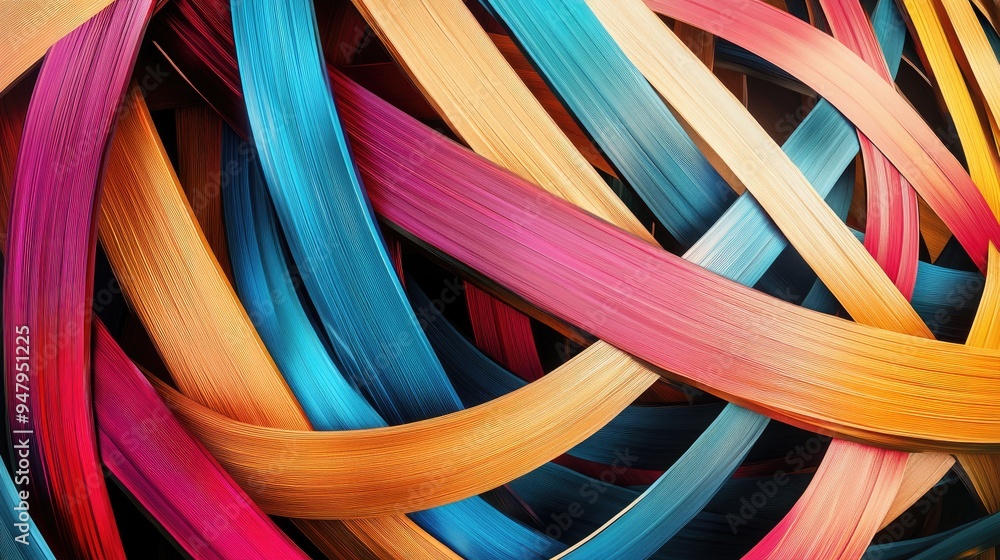 Poster vibrant abstract lines of thin wood, arranged on a dynamic futuristic backdrop, creating a colorful 