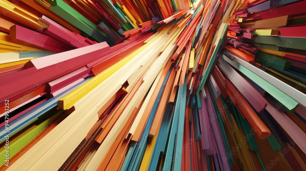 Poster vibrant abstract lines of thin wood, arranged on a dynamic futuristic backdrop, creating a colorful 