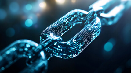 A digitally rendered chain link with embedded code, representing the integrity and security of blockchain technology in digital transactions and data exchange.
