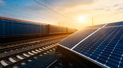 Solar panels installed alongside railway tracks during sunset, showcasing the use of clean energy in transportation and infrastructure development.