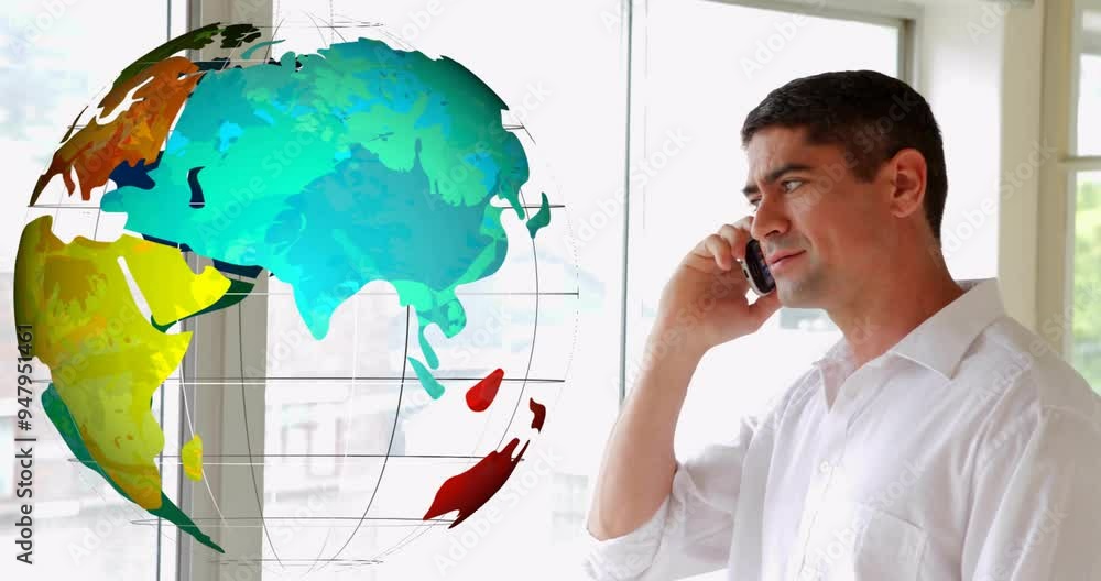 Poster talking on smartphone, man with world map animation over window background