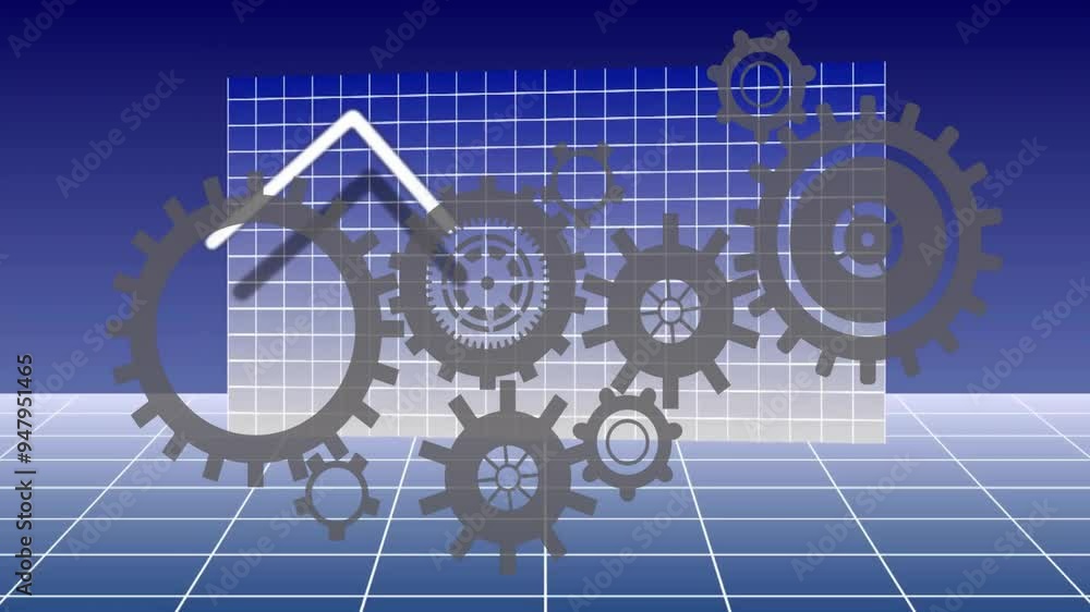 Poster animated gears and graph over grid background