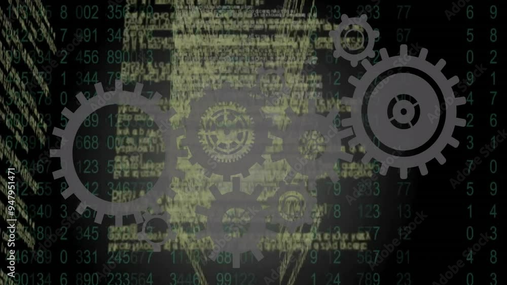 Poster gears and numbers animating over digital data background with futuristic elements