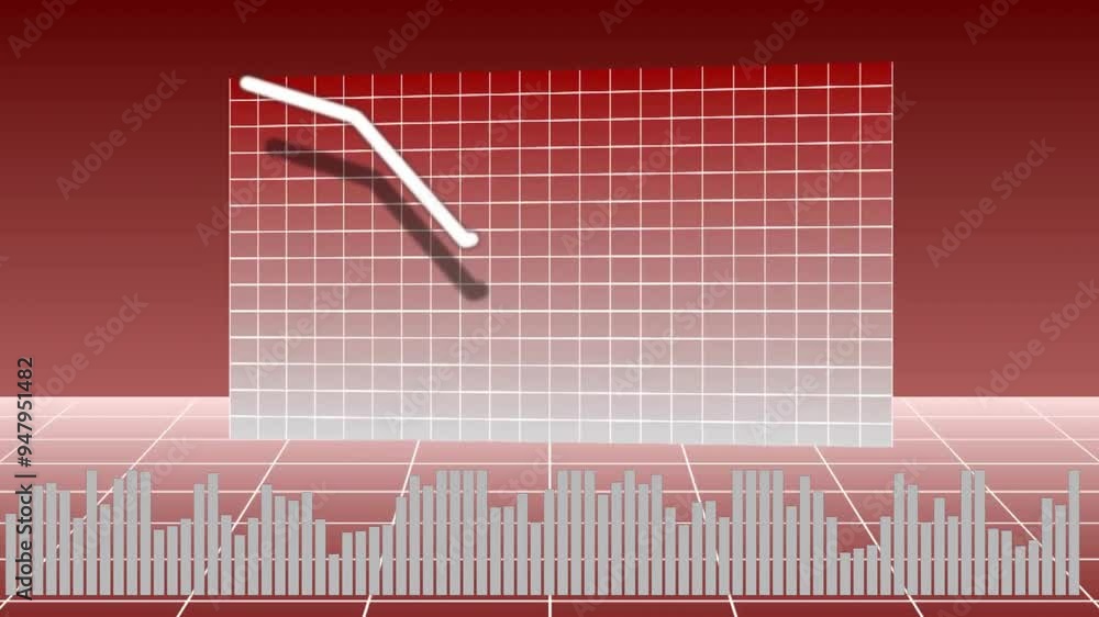 Poster declining graph animation over bar chart on red gradient background