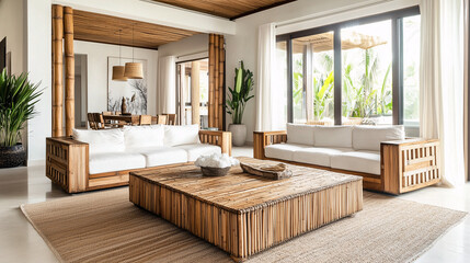 A modern living room with sustainable materials, featuring a bamboo coffee table, recycled wood furniture, and energy-efficient lighting