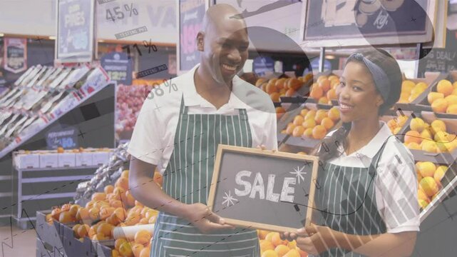 Holding SALE sign, grocery store workers smiling over discount animation - Powered by Adobe