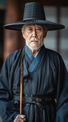 Fototapeta premium Elderly man in traditional black robe and wide-brimmed hat.