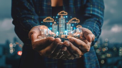 Cityscape in the Cloud Innovative Smart City Concept with Digital Technology Overlay