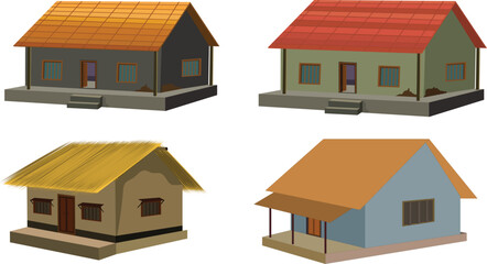 African style traditional house collection, set of village hut with thatched roof vector illustration. cottage icon set isolated on white background