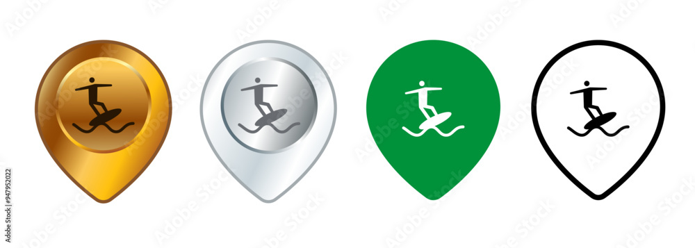 Poster beach surfing location destination tourism surf navigation symbol route map pin pointer mark design 
