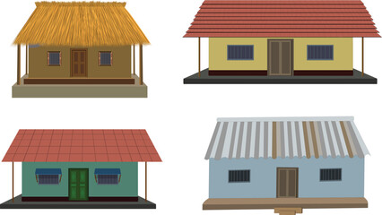 Mud house icons set cartoon vector. clay rural house. African hut set with thatched roof isolated on white background