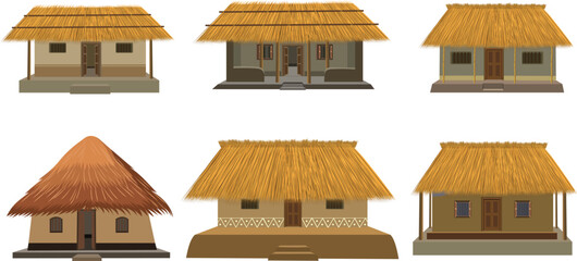 set of  straw roof hut vector design. Collection of mud cottage house with tatched hay roof © Sumit Sarkar
