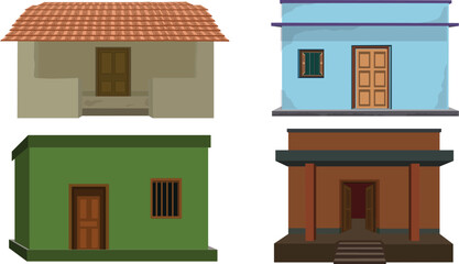 Indian village house set . Collection of asian rural hut.cottage icon clip art isolated on white background