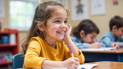 A cheerful young girl sits at her desk in a brightly lit classroom, confidently writing with a pencil. Other children are focused on their own tasks, creating an engaging learning environment.