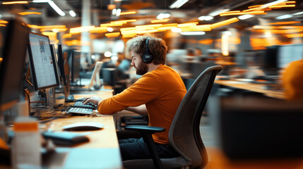 A man wearing headphones and an orange sweater is working on a computer in a lively modern office environment.