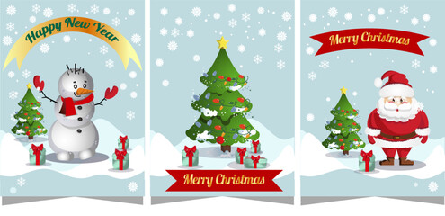  new year, christmas, traditional, cards, tree ,santa, snowman, set, ribbon, snowflake,set,christmas greeting card