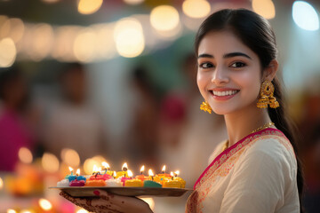 Fototapeta premium Indian Bengali woman in traditional bengali attire of white saree with red border holding a plate of colorful clay diya and wearing golden earrings