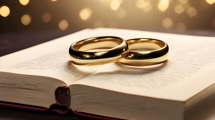 generative artificial intelligence (AI) image of a close-up of golden wedding rings on top of an open book with a hazy backdrop