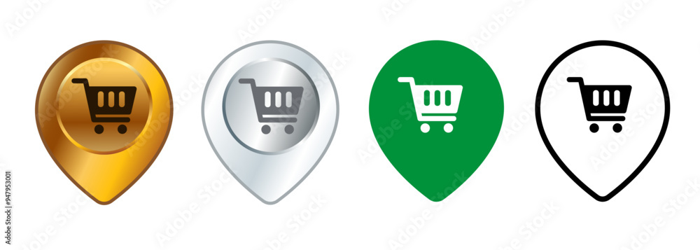 Poster shopping market location shop grocery pointer sign places symbol navigation pin map set collection d