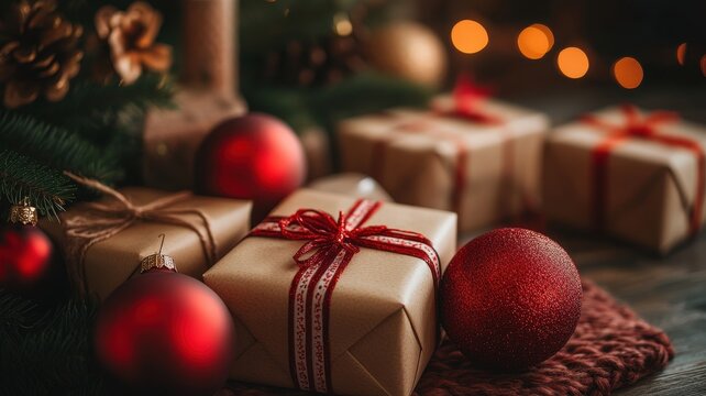 A cozy arrangement of Christmas gifts wrapped in brown paper with red ribbons and ornaments, set against festive decorations.