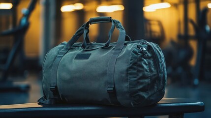 Duffel bag with handles on a gym bench, packed with workout gear
