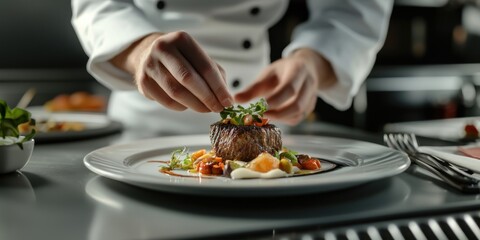 Gourmet chef plating exquisite dish