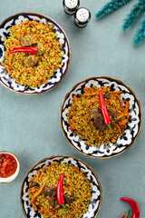 Uzbek pilaf with lamb meat . Uzbek cuisine.