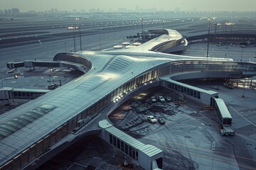 Elevated view of a modern airport terminal building connecting to airplane boarding bridge