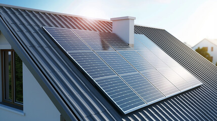 Close-up of a rooftop with a solar panel at sunset.