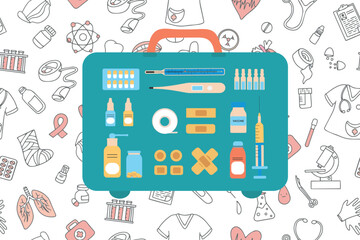 First aid kit, emergency medical supplies for camping, hunting, hiking. Medical equipment set. First aid kit in flat style, on the background of doodle icons of medical supplies. Vector