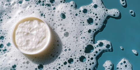 Foaming liquid on blue background. Texture of cosmetic foam. Full frame of bubbles and soapy solutions in bathroom on banner with copy space.