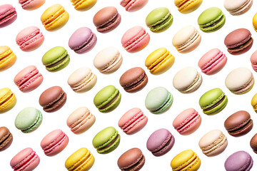 Obraz premium A lively assortment of pastel-colored macarons, arranged in a diagonal pattern, showcasing their soft, appealing colors and classic French elegance, on a transparent background
