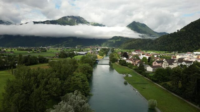 Wessen Linth Switzerland village holiday resort, Swiss Alps mountains valley