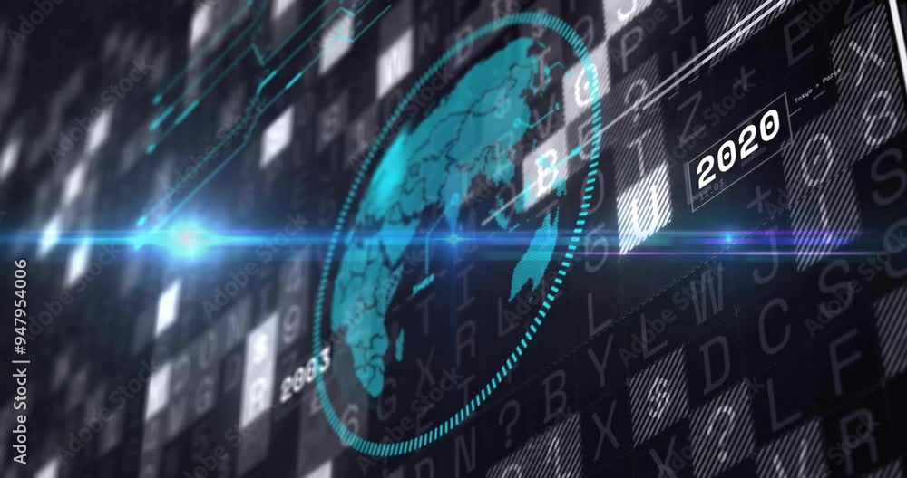 Poster digital globe and numbers animation over futuristic data interface with 2019 text