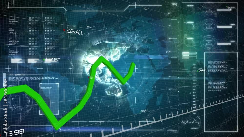 Poster Green line graph animation over digital world map and financial data