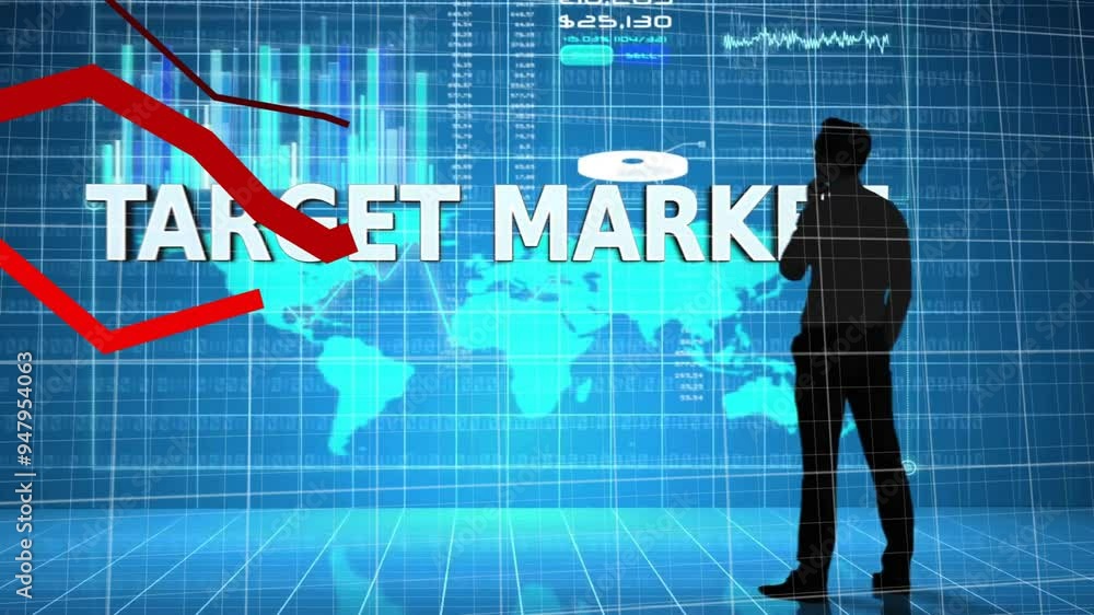 Poster target market text and declining graph animation over world map and financial data