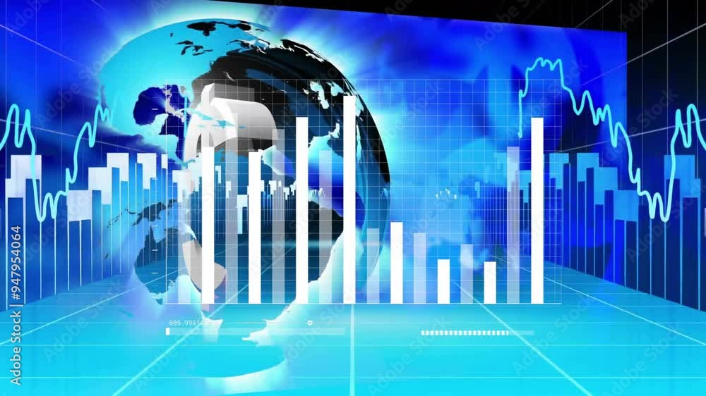 Poster bar graphs and world map animation over financial data and charts background