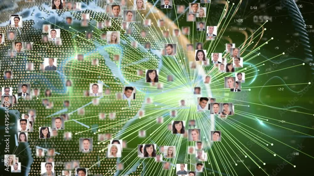 Poster network connections and data processing animation over diverse people's profile images