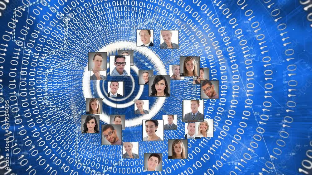 Poster binary code and network animation overlaying portraits of diverse people