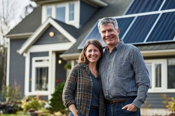 Happy couple outside solar home