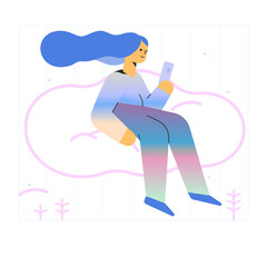 Woman sitting on a cloud scrolling on her phone