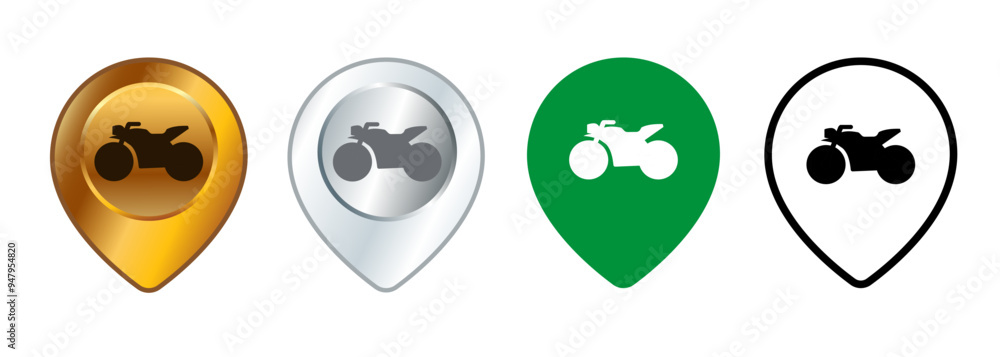 Poster motorcycle zone position mark symbol location pointer pin place map address locator design set colle