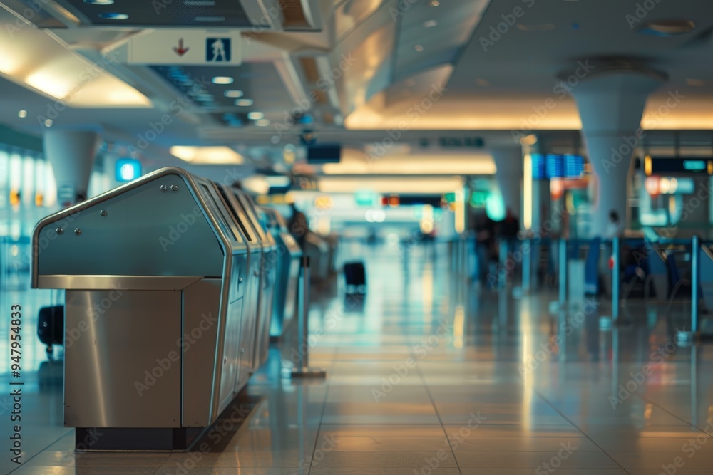 Poster deserted airport terminal with empty check in counters reflecting in shiny floor