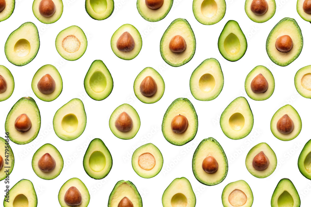 Poster a pattern of halved avocados on a transparent background. the smooth green flesh and brown seeds of 