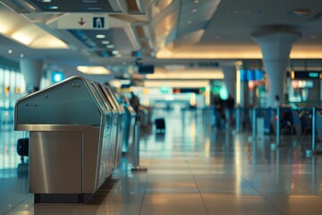 Fototapeta premium Deserted airport terminal with empty check in counters reflecting in shiny floor