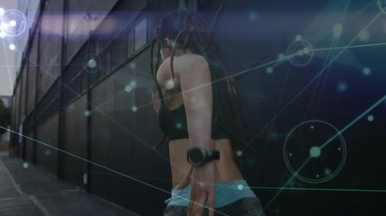 Running woman with dreadlocks, network connections and data processing animation - Powered by Adobe